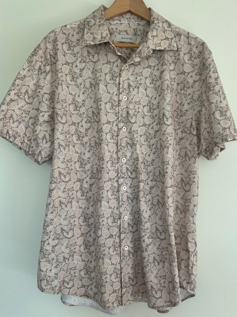 BUGATCHI OoohCotton 8-Way Stretch Paisley Shirt Mens XL Terracotta Short Sleeve